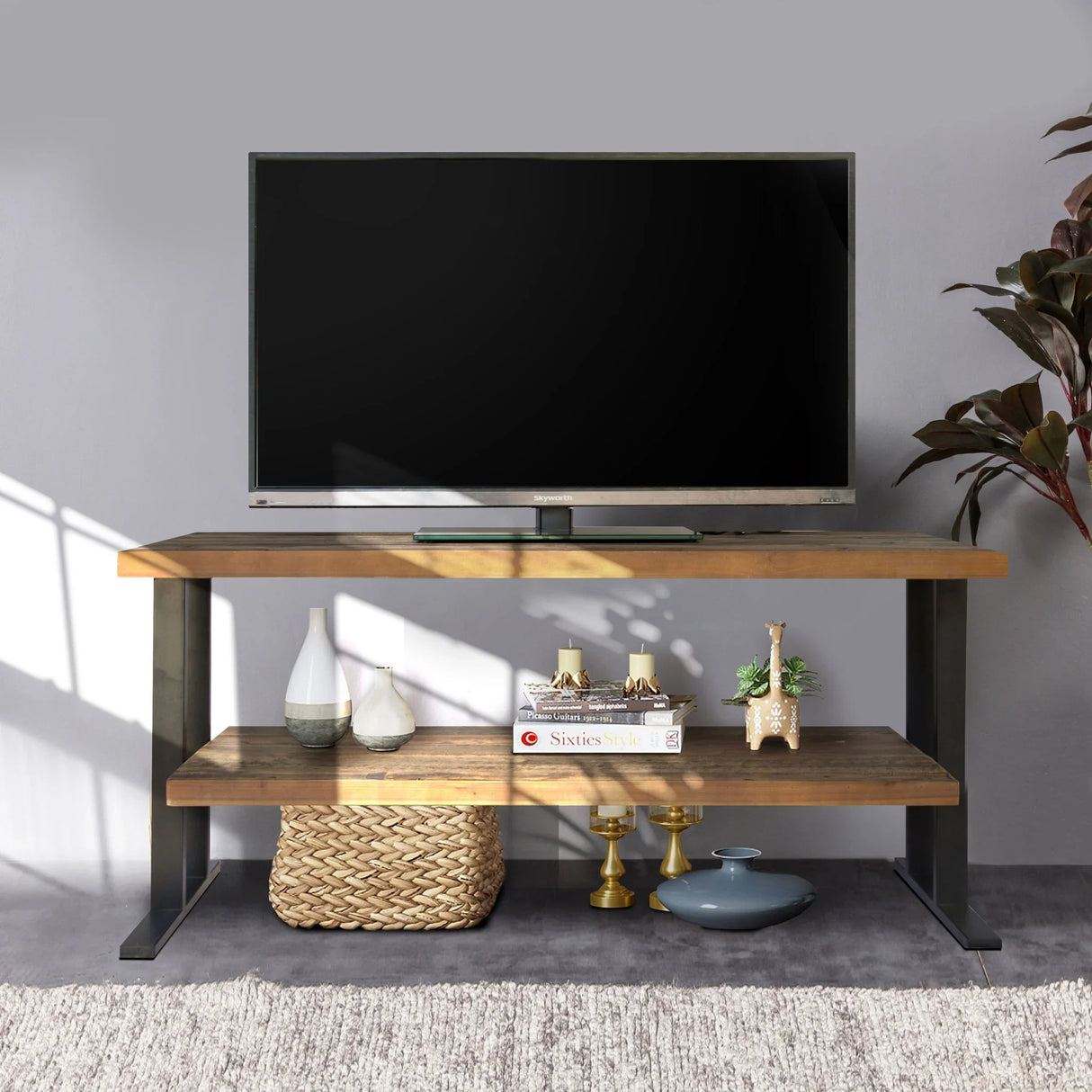 Media Console Table With One Shelf To Your Home Decor - Natural / Black - Furniture Home Direct
