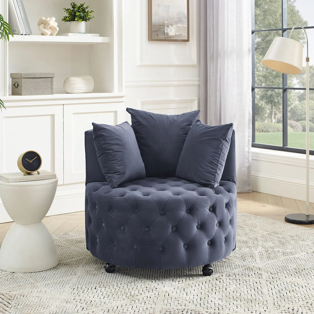 Modern Upholstered Swivel Chair With Button Tufted Design And Movable Wheels - Furniture Home Direct