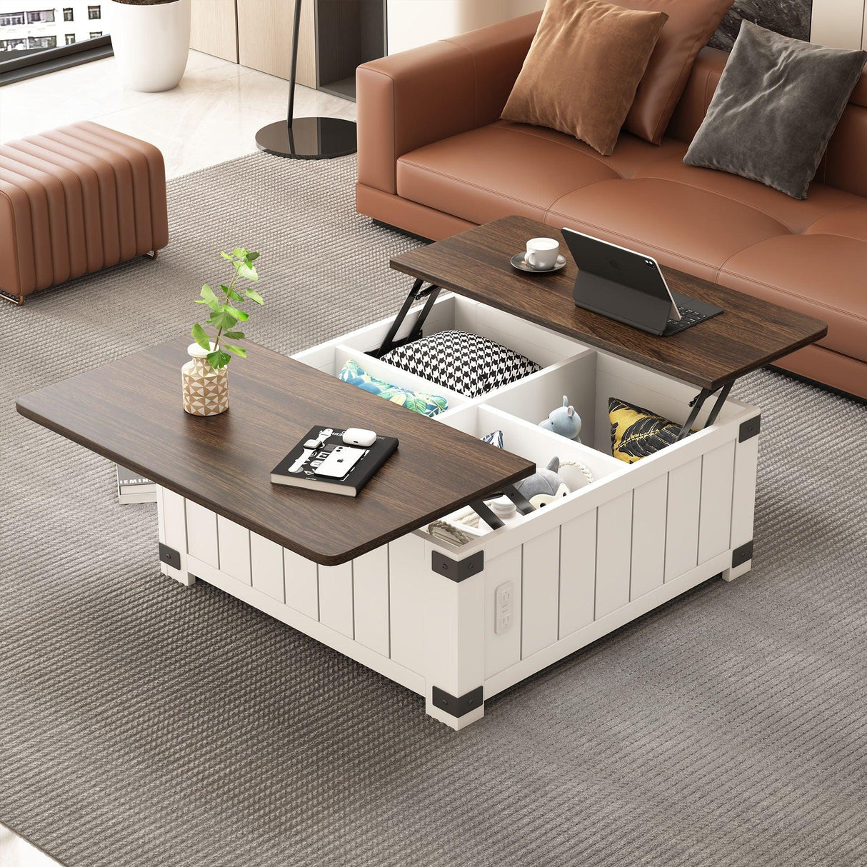 Farmhouse Style Lift Top Coffee Table With Storage And Charging Station - White Wood - Furniture Home Direct