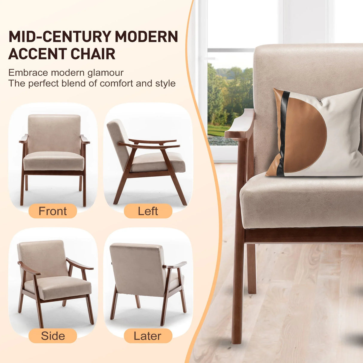 Mid Century Modern Accent Chair With Solid Wood Frame And Extra Thick Backrest - Furniture Home Direct
