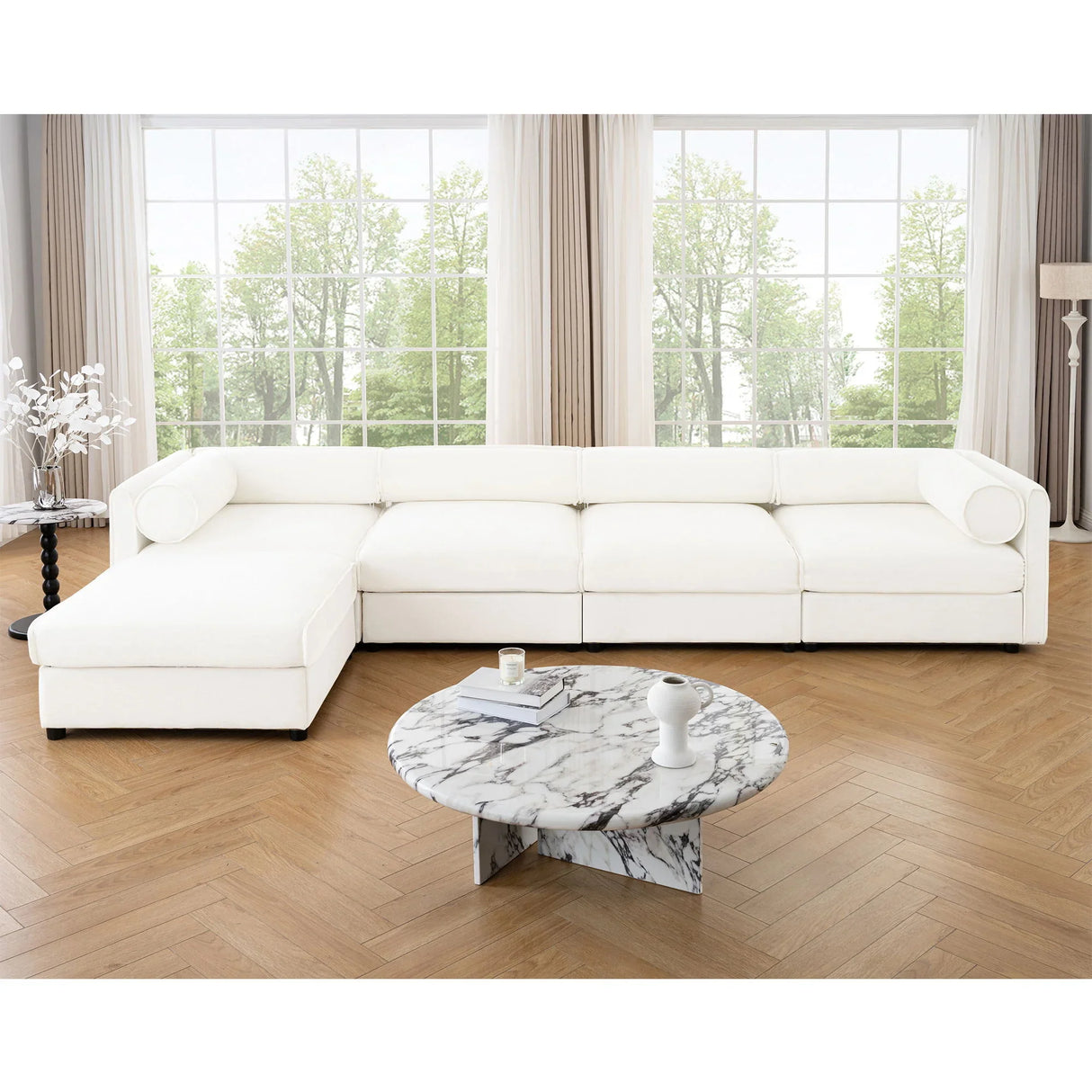 Contemporary Elegant White Chenille Sofa With Storage And Ottoman - Furniture Home Direct