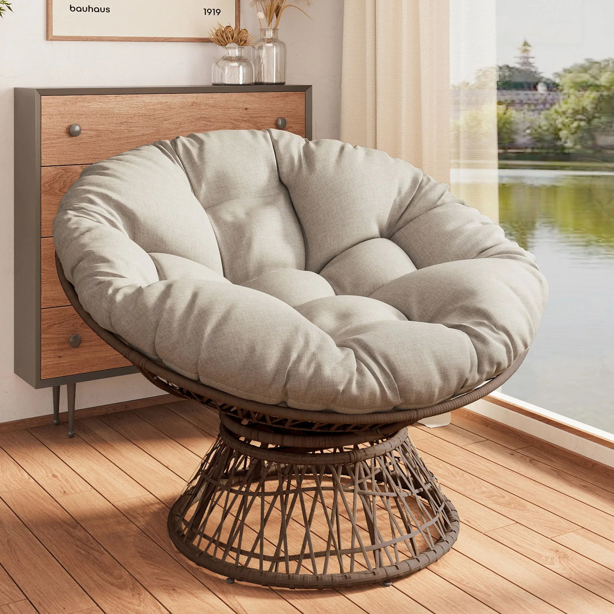 Ergonomic Wicker Chair With Cloud Thick Density Cushion, 3 Proof Cover High Capacity Iron Frame Fluid 360° Swivel - Furniture Home Direct