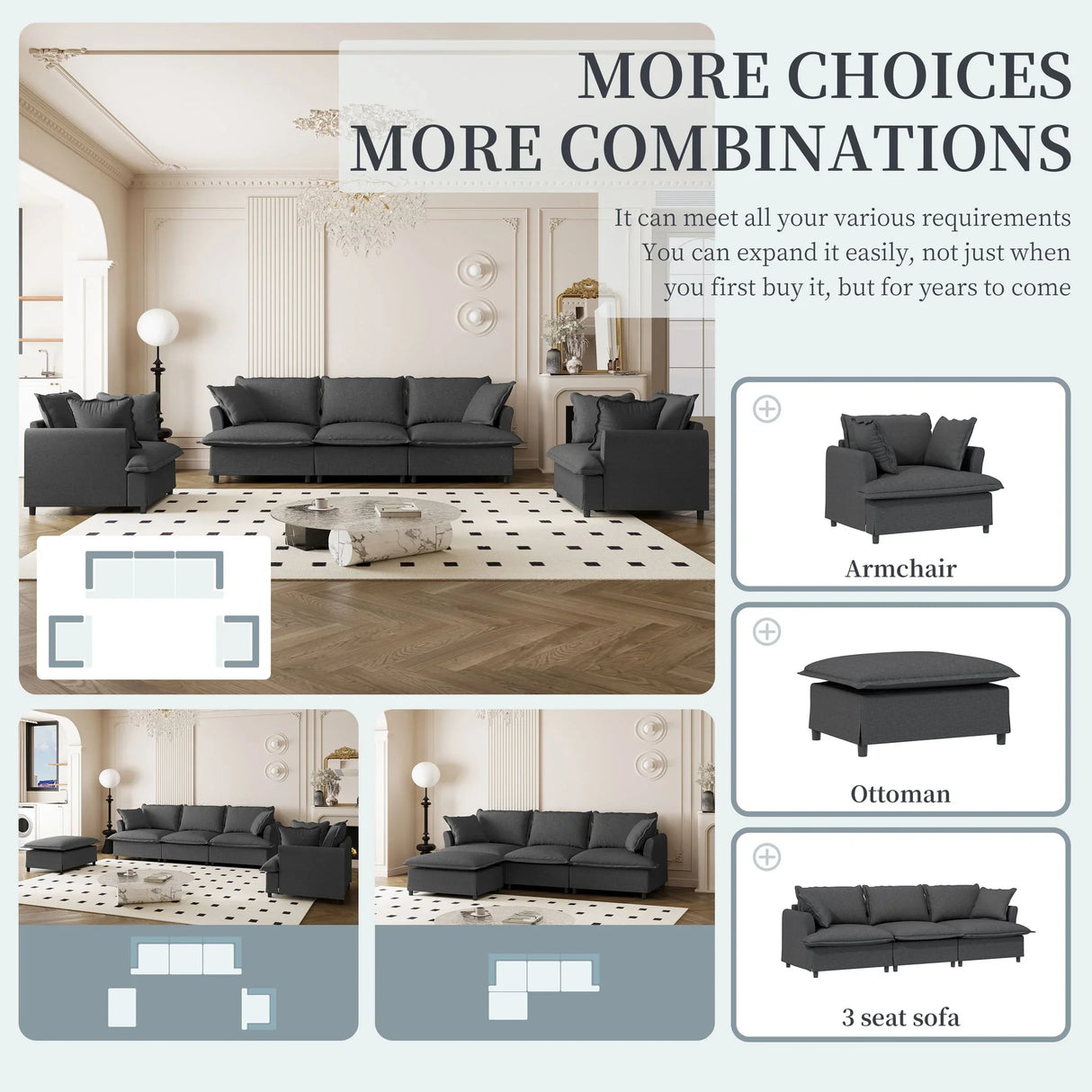 Living Room Set Modular Sectional Couch, Upholstered Sofa & Armchair & Movable Ottoman - Furniture Home Direct