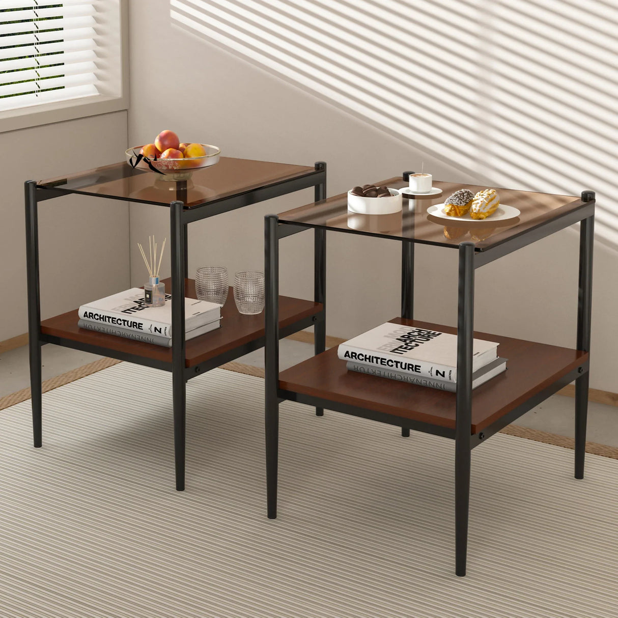 Modern Rectangle End Table (Set of 2) With Tempered Glass Tabletop And Layer - Brown - Furniture Home Direct