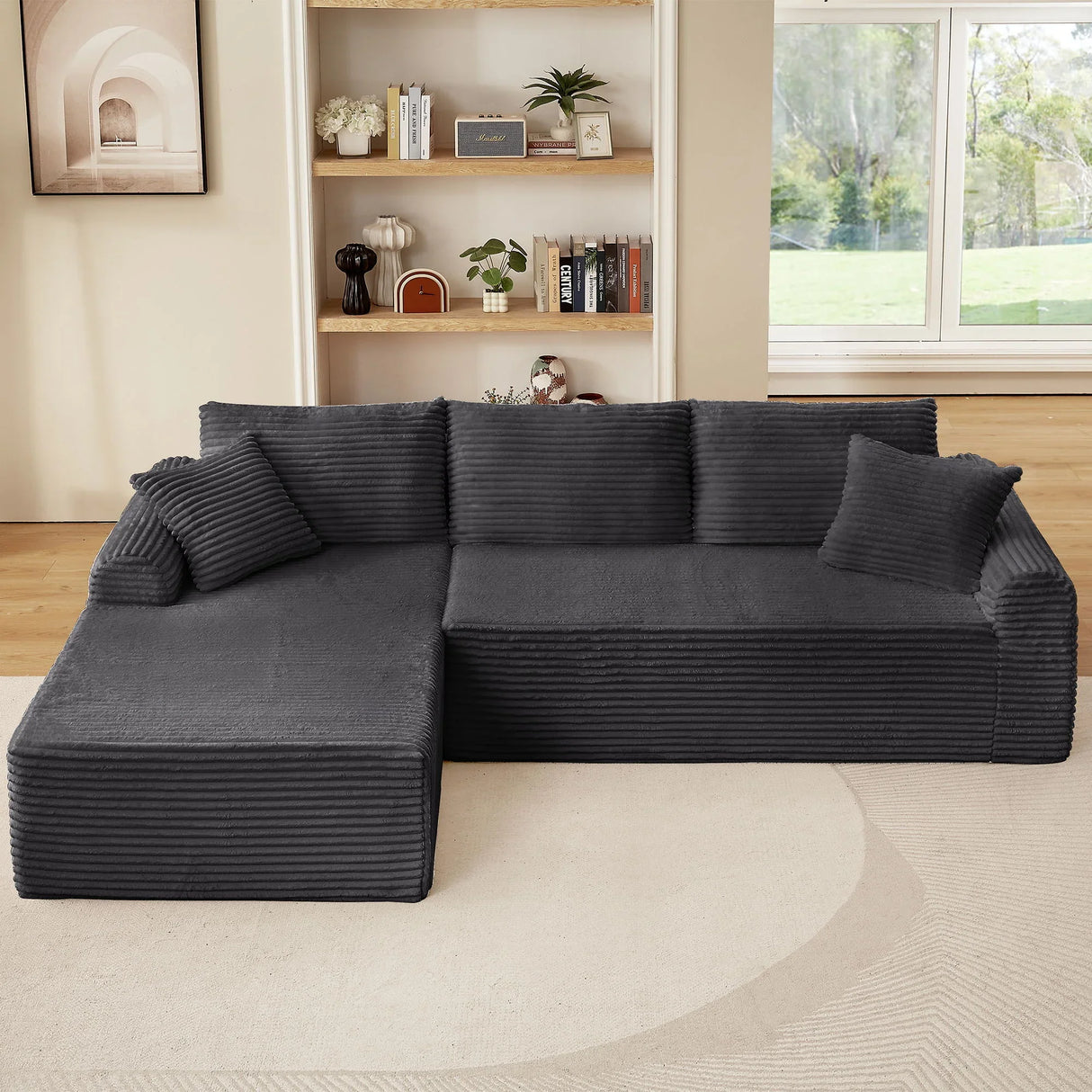 Modular Corduroy Sectional With Arched Armrests, Includes 3 Back Cushions & 2 Throw Pillows - Furniture Home Direct