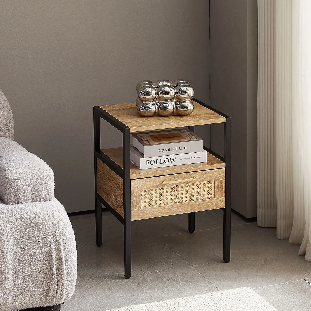 Rattan End Table With Drawer, Modern Nightstand, Metal Legs, Side Table For Living Room, Bedroom - Furniture Home Direct