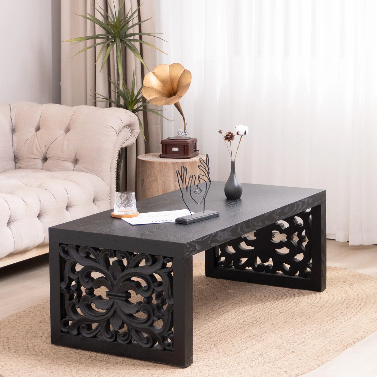 Rustic Carved Wood Coffee Table, Handcrafted Look With Ornate Side Panels - Furniture Home Direct