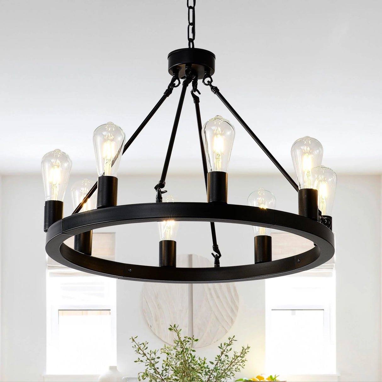 6 Light (No Bulbs) Wagon Wheel Chandelier Farmhouse Modern Small Round Chandelier For Living Room Kitchen Island Foyer Hallway Entryway Bedroom Dining Room Light Fixture Ceiling Hanging - Matte Black - Furniture Home Direct