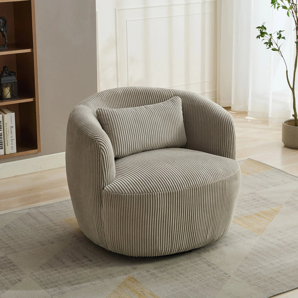 Wide Upholstered Corduroy 360° Swivel Barrel Soft Chair With Pillow - Furniture Home Direct