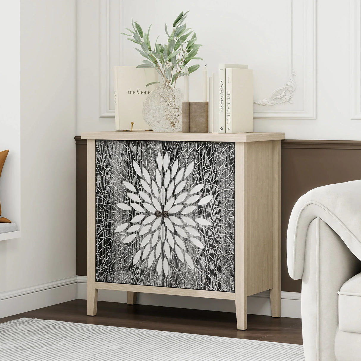 2 Door Carved Storage Cabinet With Adjustable Shelf, Accent Furniture - Furniture Home Direct