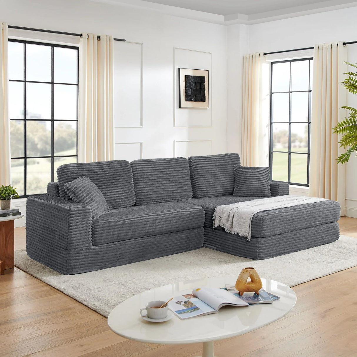 Modern Minimalist L Shape Modular Sectional Sofa, Corduroy Couch - Furniture Home Direct
