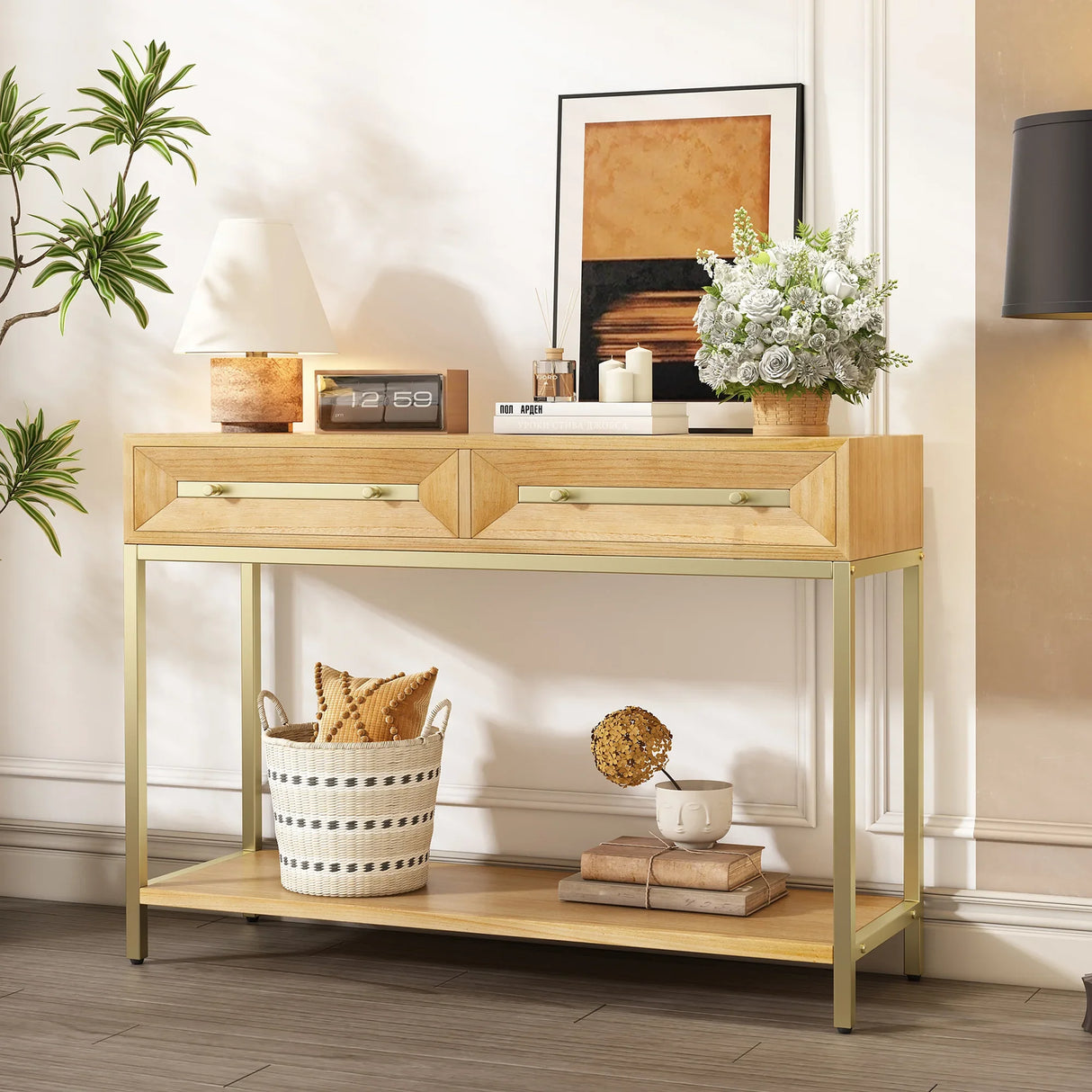 Console Table With Two Drawers Geometric Design Natural - Furniture Home Direct