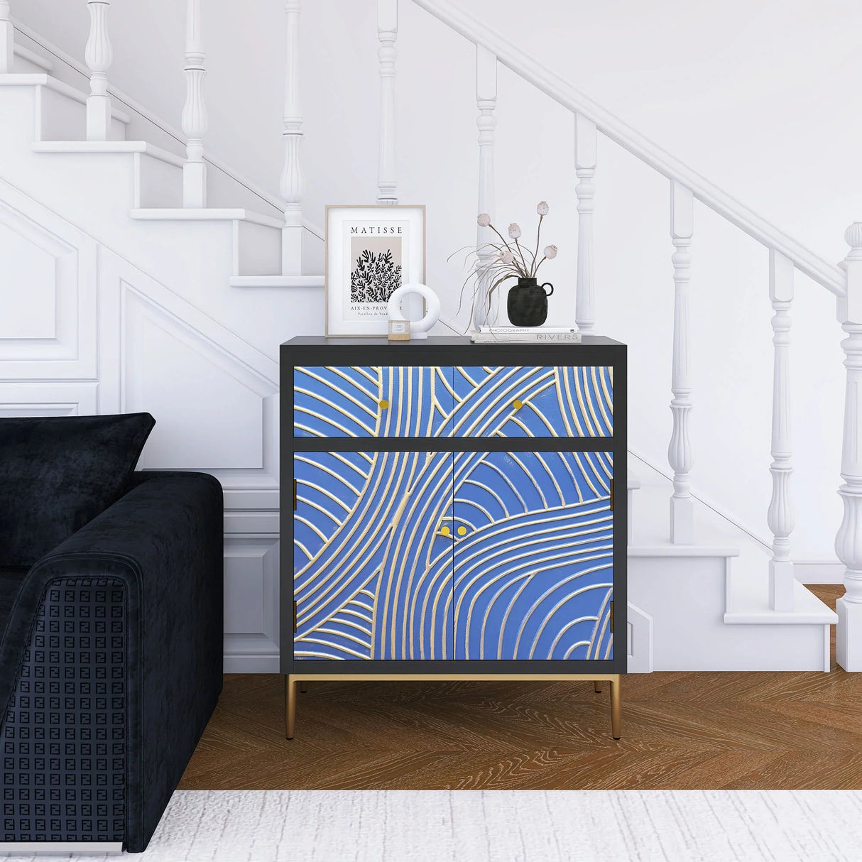 Accent Cabinet With Blue Panels Lacquered Black and Blue - Furniture Home Direct