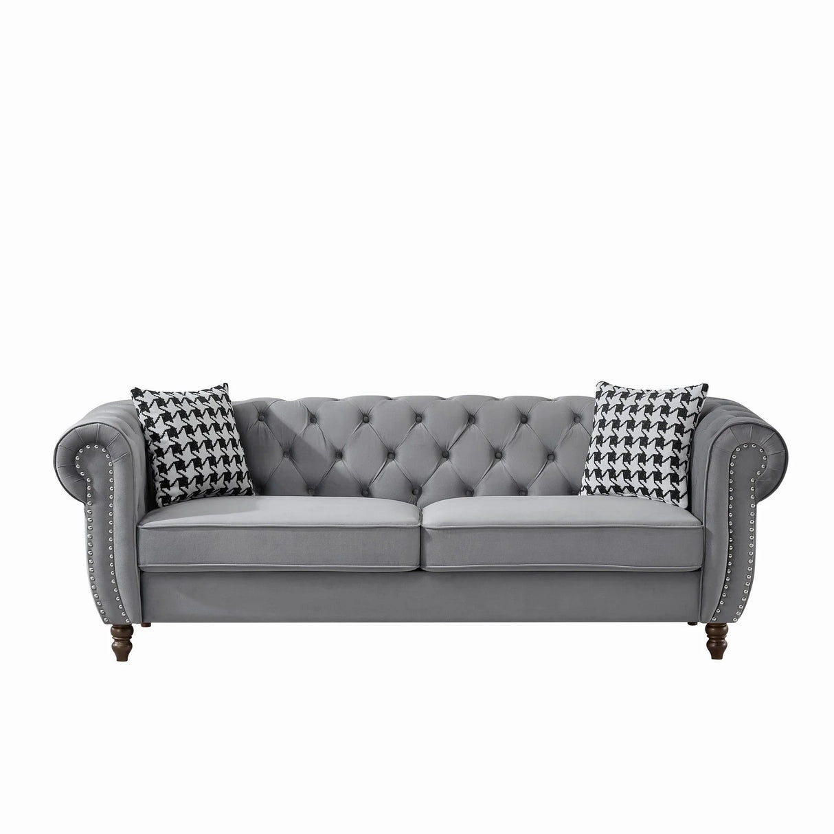 Chesterfield Velvet Upholstery Fabric Sofa With Roll Armrest & Nailhead - Furniture Home Direct