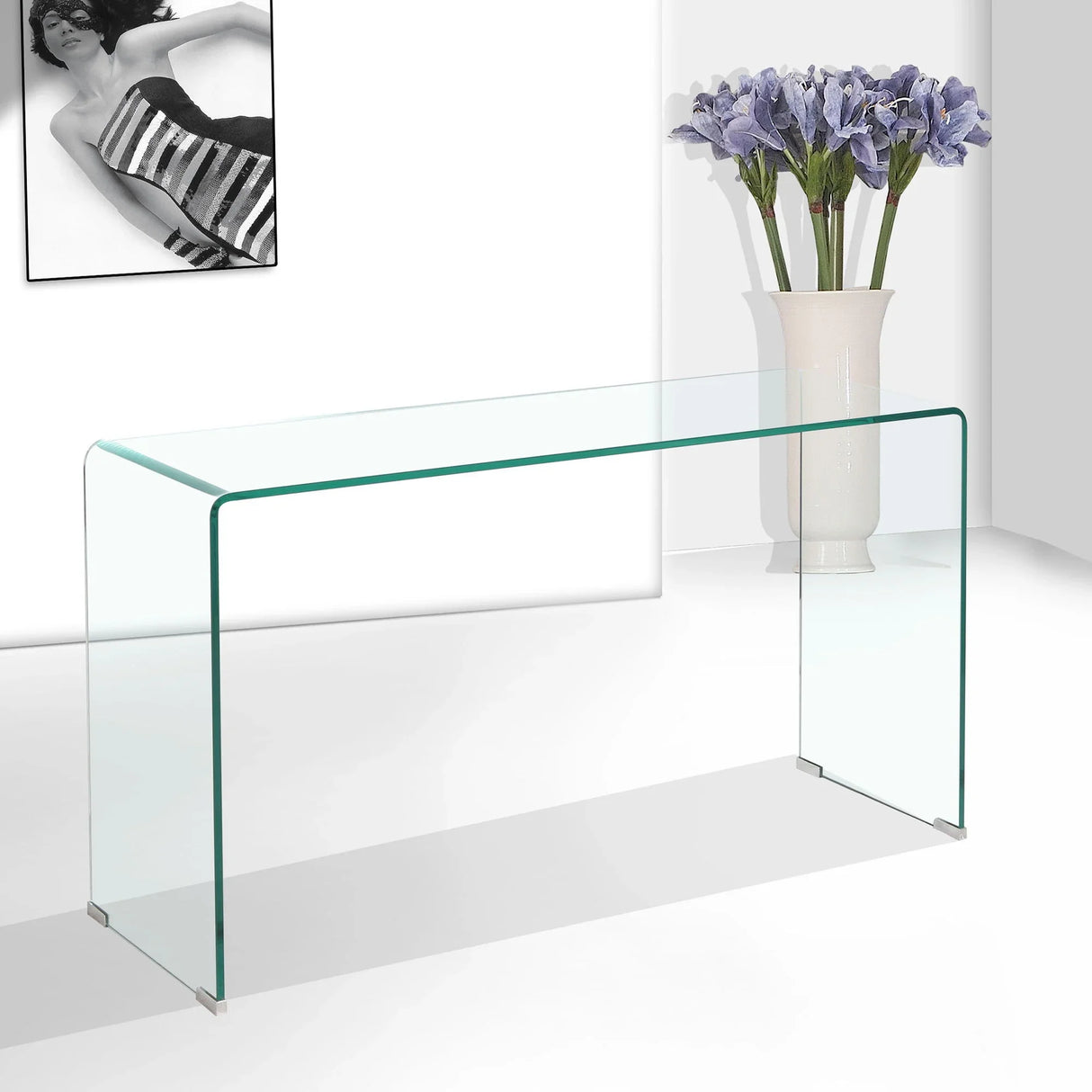 Elegant Transparent Tempered Glass Console Table With Rounded Edges, Modern Sofa Table - Clear - Furniture Home Direct