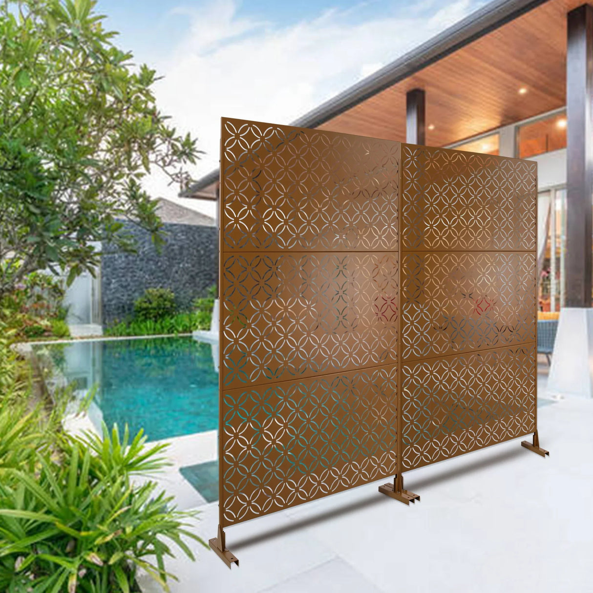 Freestanding Decorative Privacy Screen For Deck Balcony Patio, Metal Privacy - Brown - Furniture Home Direct