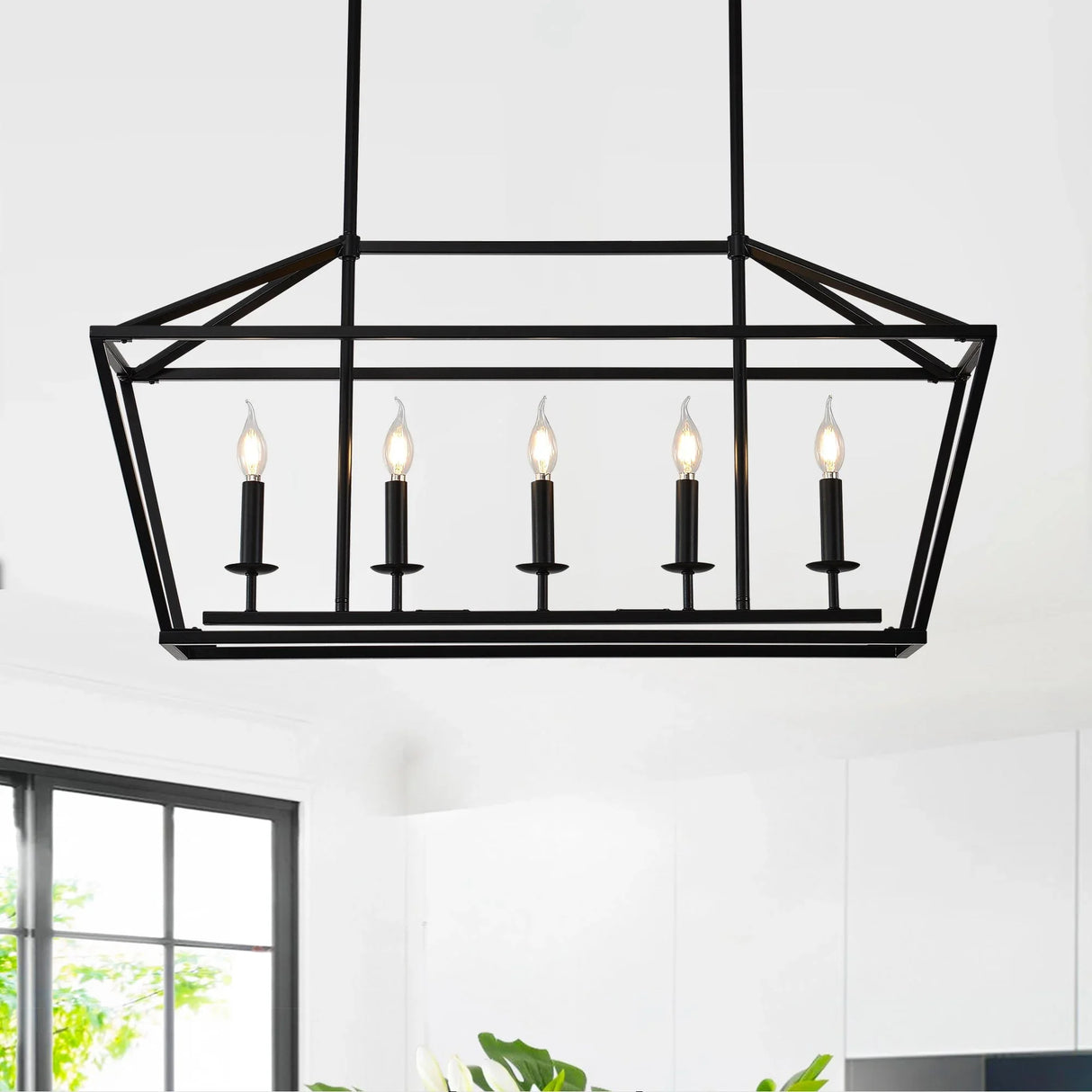 5 Light Farmhouse Kitchen Island Lighting, 5 Light Industrial Linear Chandelier For Dining Room Metal Hanging Pendant Light Fixture For Bedroom Living Room Hallway Conference Room - Matte Black - Furniture Home Direct