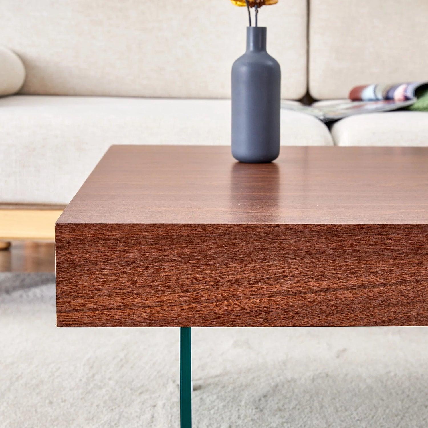 Faux Walnut Square Coffee Table with Tempered Glass Legs - Furniture Home Direct