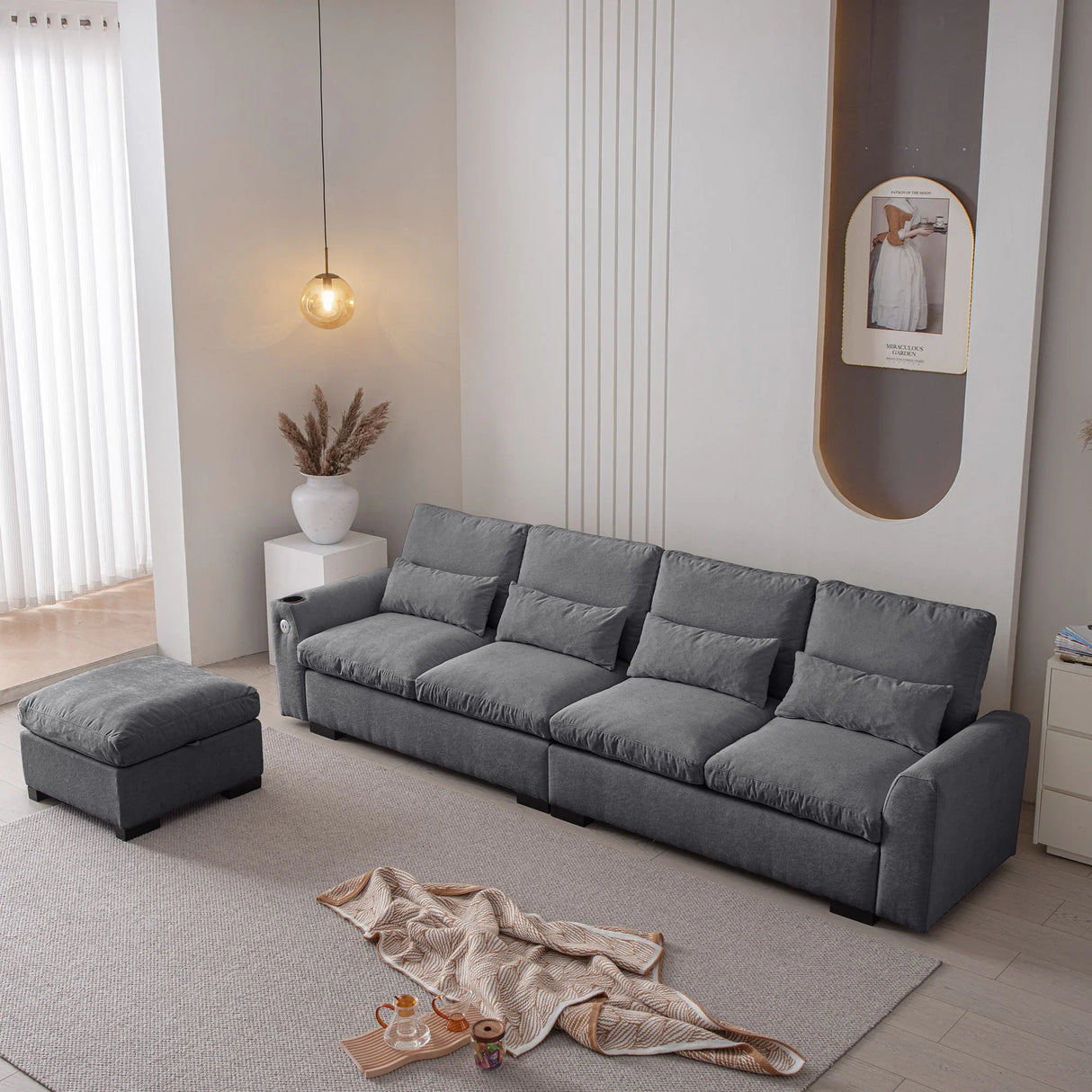 Modern Modular L Shaped Chenille Sofa Couch Reversible Ottoman With Storage Removable And Washable Cushions Sofa With USB Ports & Cup Holder For Living Room - Furniture Home Direct