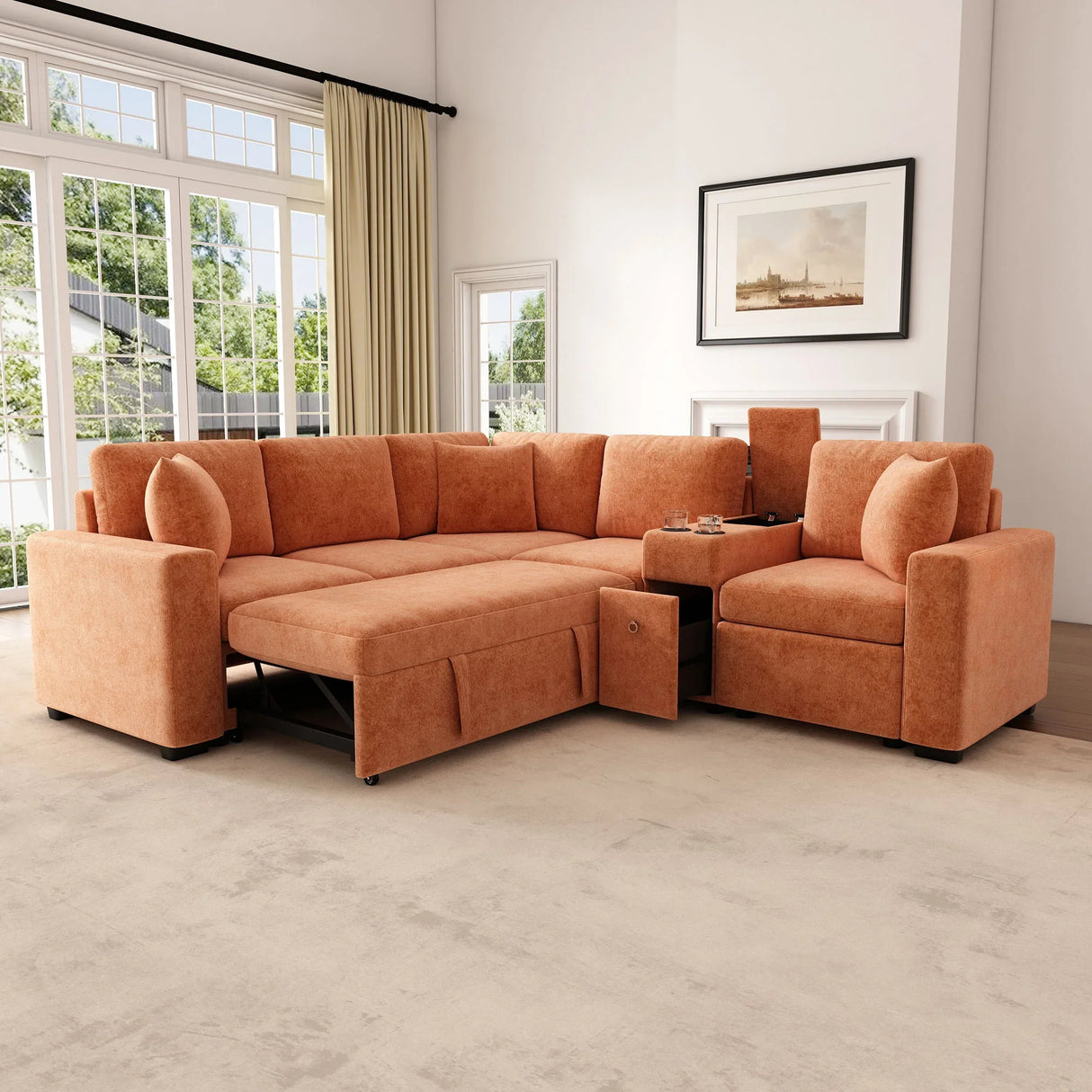 Contemporary L Shaped Convertible Sofa Bed With Pull Out Bed, Cup Holders, And Storage - Furniture Home Direct