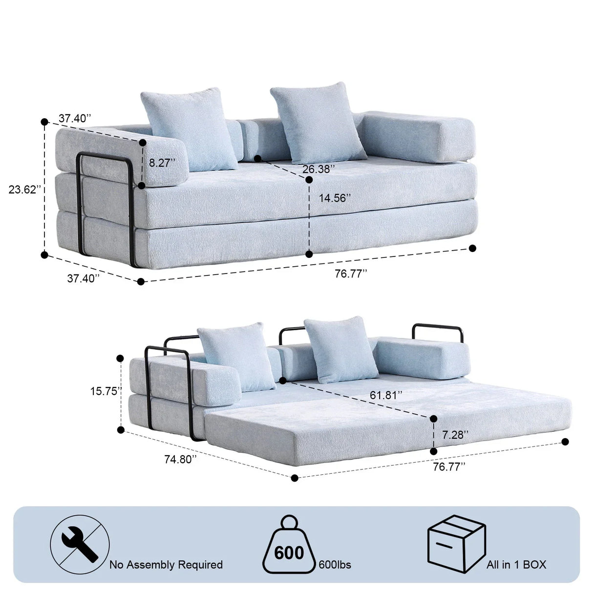 Convertible Floor Sofa Bed With Pillow Back Support Armrest - Furniture Home Direct