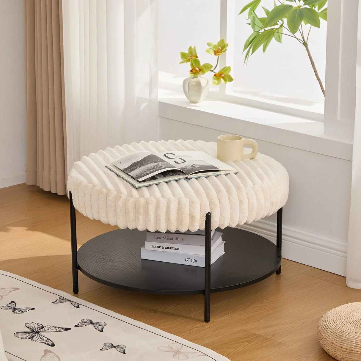Modern Upholstered Round Ottoman Coffee Table With Storage Shelf - Furniture Home Direct