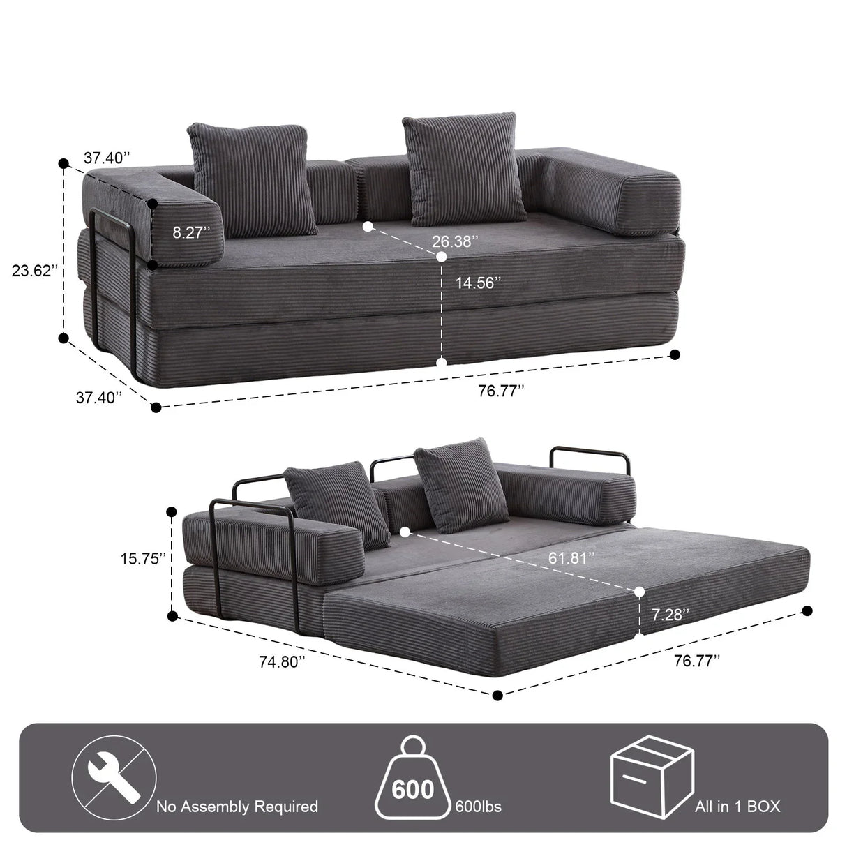 Floor Couch, Convertible Floor Sofa Bed With Pillow Back Support Armrest - Furniture Home Direct