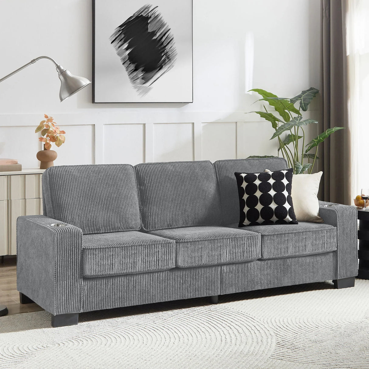 Modern Corduroy Fabric Sofa, 3 Seater Compressed Couch With Cup Holders - Furniture Home Direct