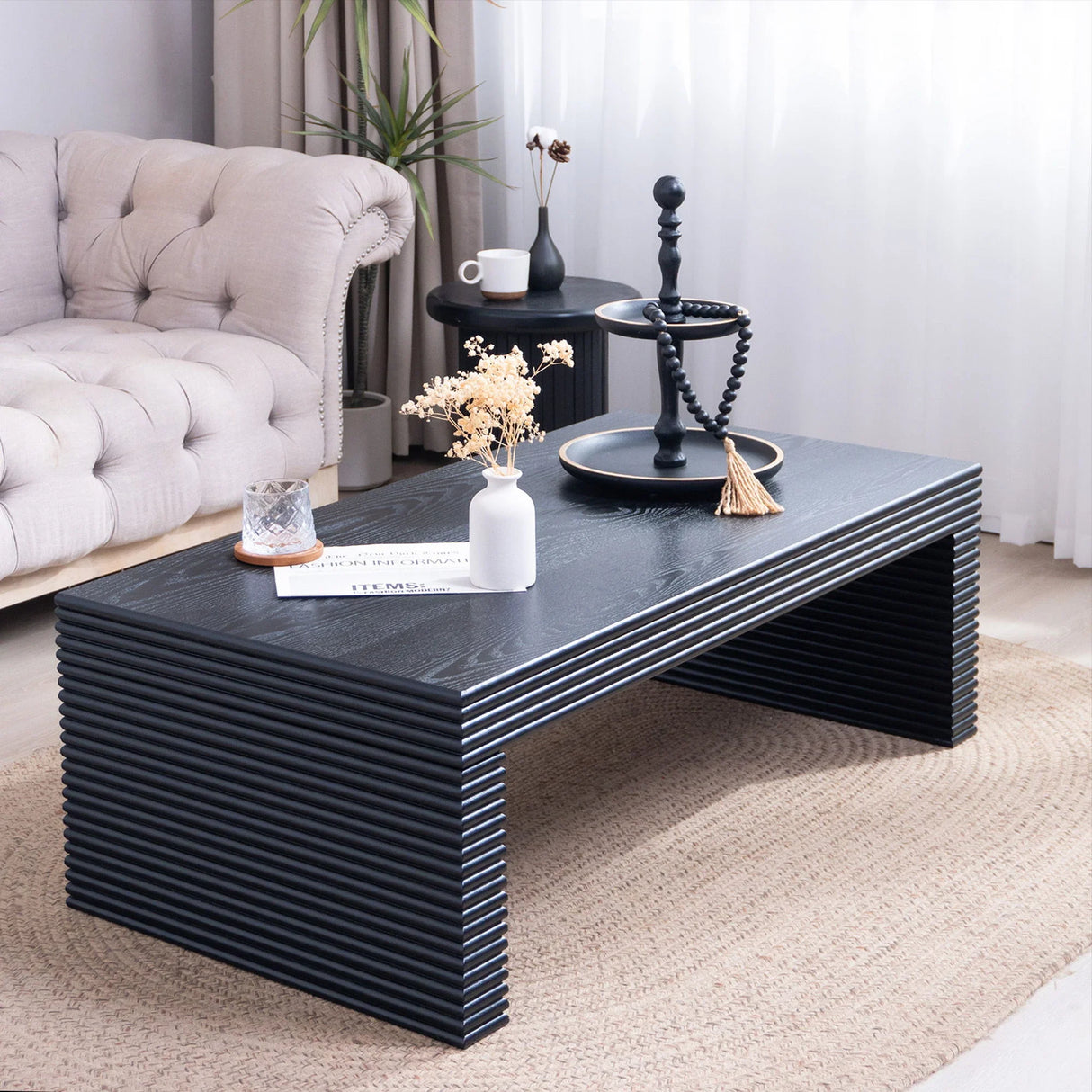 Modern Ribbed Coffee Table, Rectangular Low Profile Center Table For Living Room - Black - Furniture Home Direct