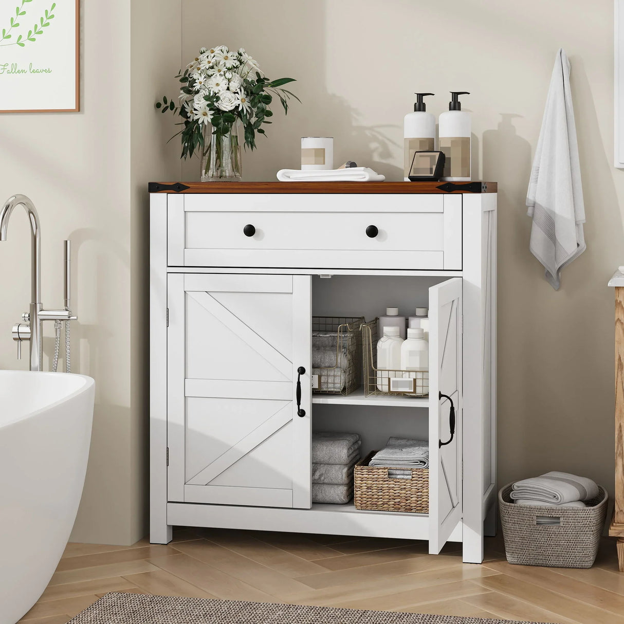 Farmhouse Storage Cabinet With Drawer And Adjustable Shelf - Furniture Home Direct