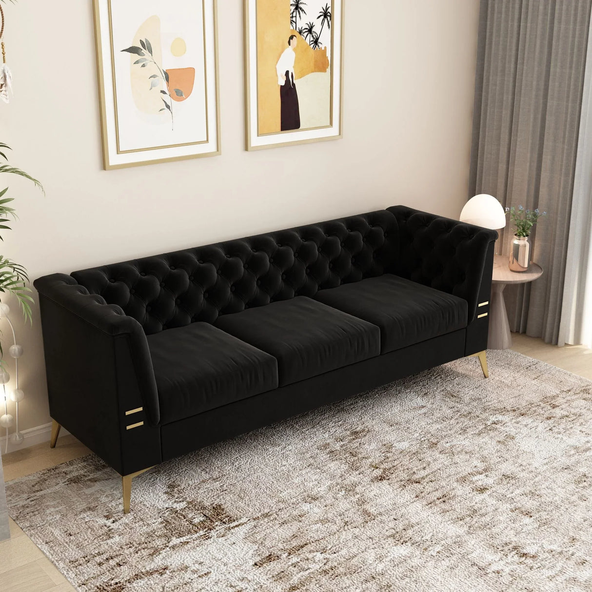 Luxurious Velvet Sofa With Gold Legs, Modern Chesterfield Design, Tufted Upholstery, 3 Seat Couch For Living Room And Office - Furniture Home Direct