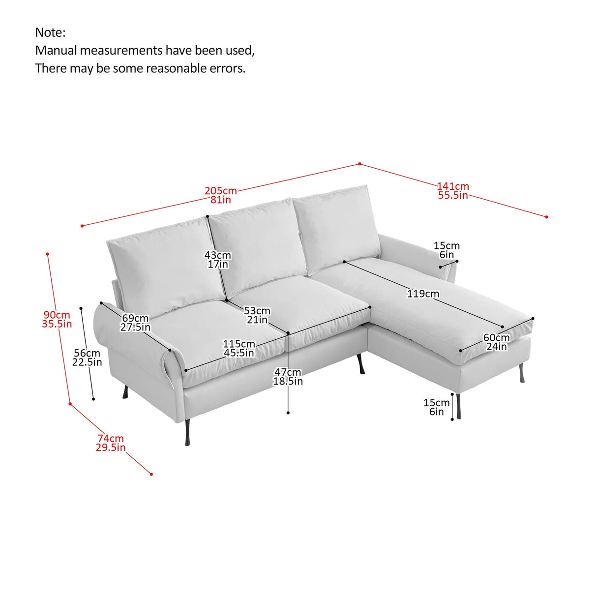 Modern Sectional Technical Leather L-Shaped Sofa Couch With Reversible Chaise Lounge - Furniture Home Direct