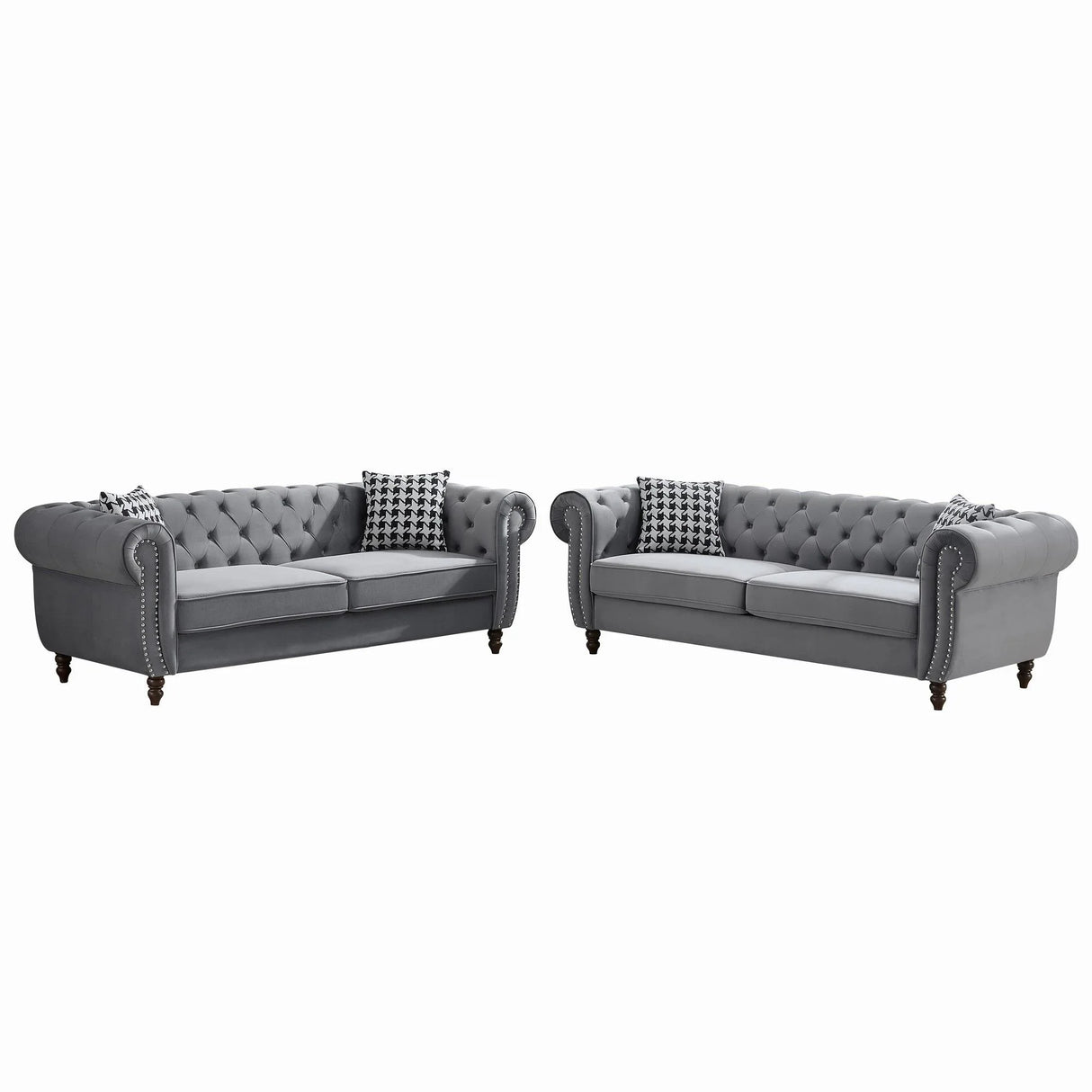 Chesterfield Velvet Upholstery Fabric Sofa With Roll Armrest & Nailhead, Mid Century Modern 3 And 3 Seater Couch - Furniture Home Direct