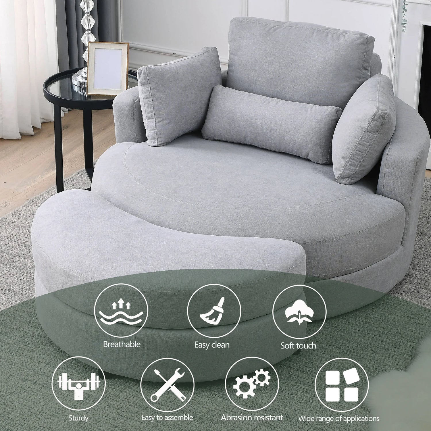 Linen Barrel Swivel Chair With Storage Ottoman - Furniture Home Direct