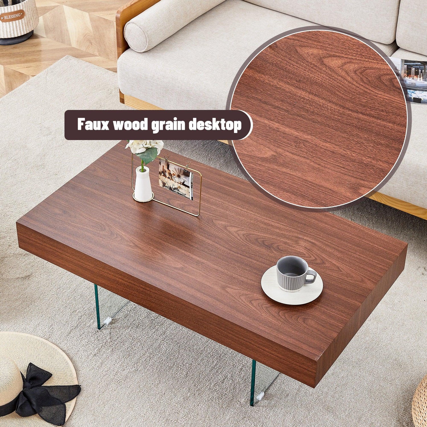 Coffee Table Faux Wood Top Glass Legs Modern Walnut - Furniture Home Direct