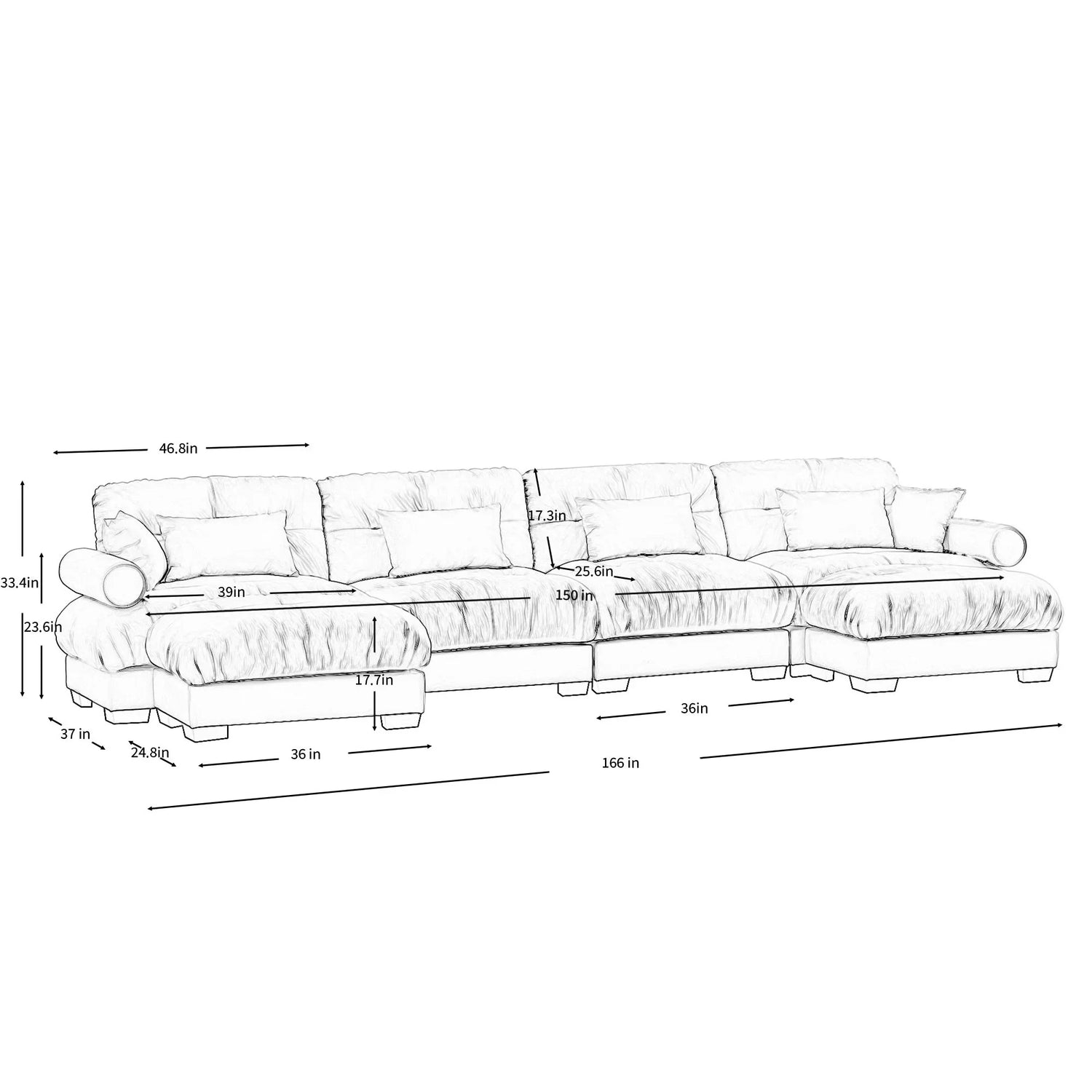 Modern Sectional Sofa With Ottoman, Round Bolster Armrests, Waist And Throw Pillows - Furniture Home Direct