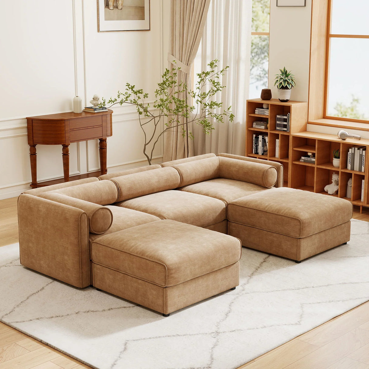 Contemporary Elegant White Chenille Sofa With Storage And Ottoman - Furniture Home Direct