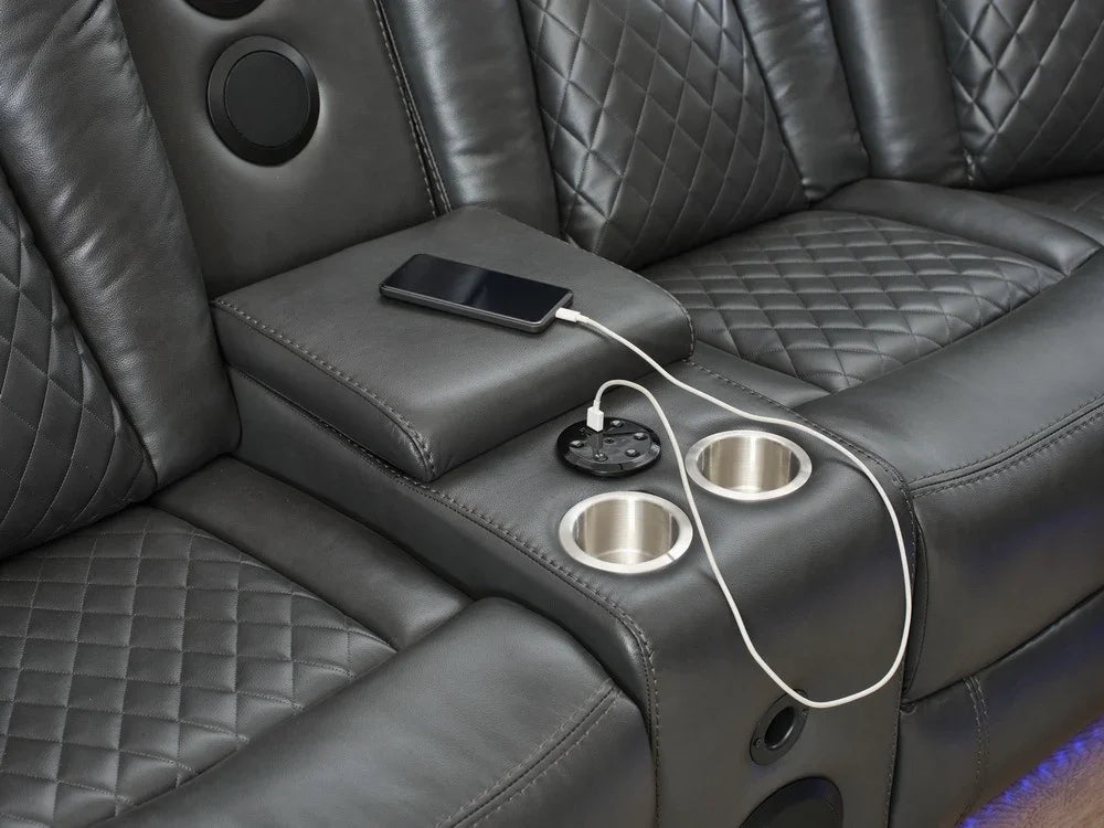 Sectional Sofa Power Reclining Leather With LED Grey - Furniture Home Direct
