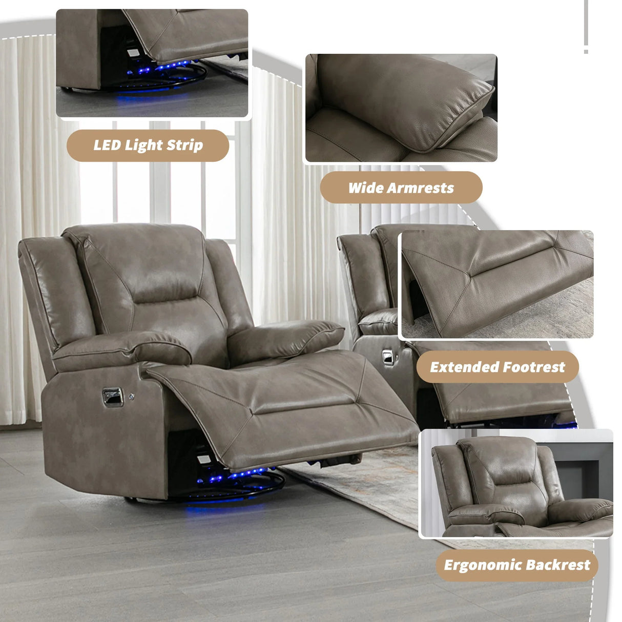 360° Swivel And Rocking Home Theater Recliner Manual Recliner Chair With A LED Light Strip For Living Room - Furniture Home Direct