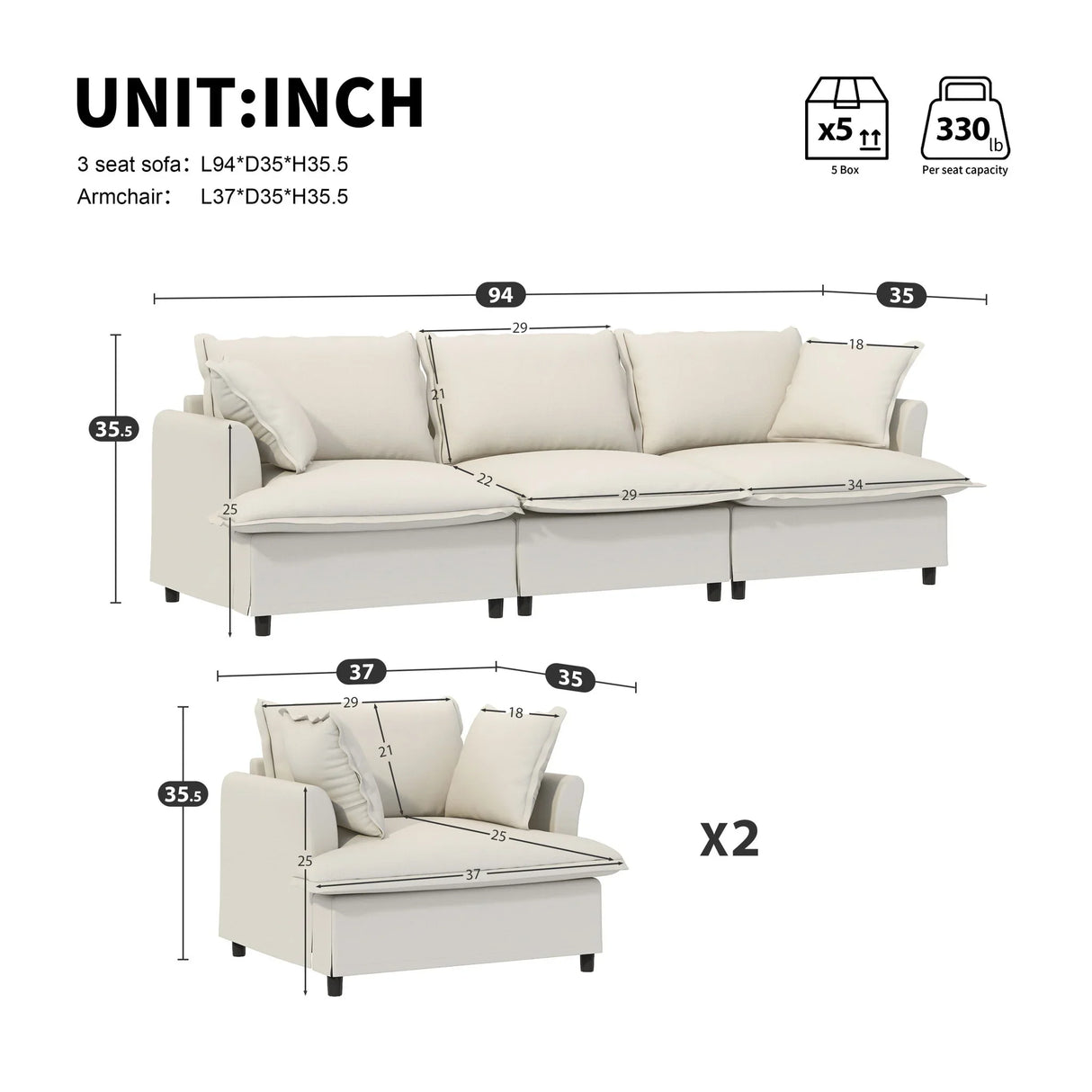 Living Room Set Modular Sectional Couch, Upholstered Sofa & Armchair & Movable Ottoman - Furniture Home Direct