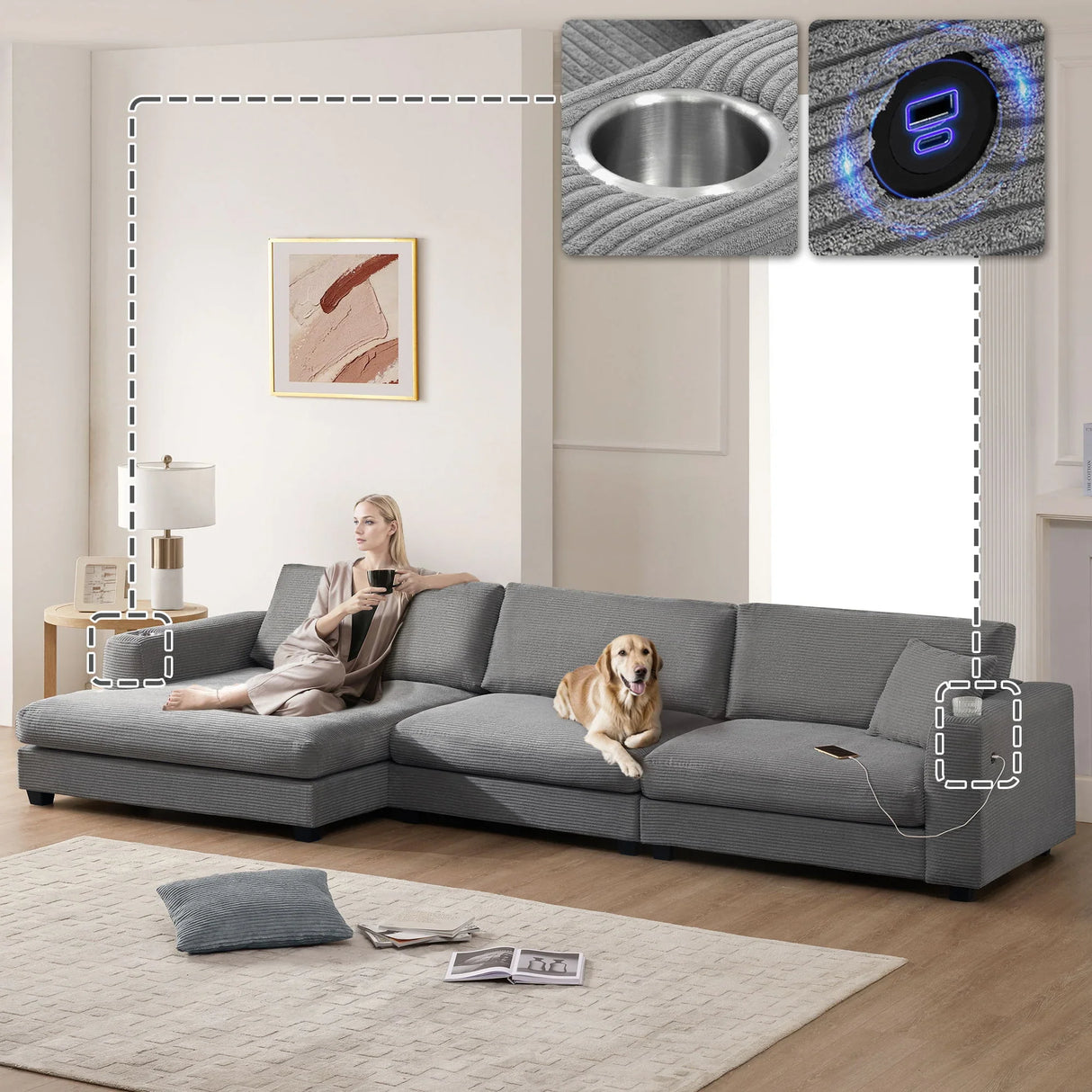 Oversized Sectional L Shaped Cloud Couch With USB Charging Port Cup Holder Deep And Wide Seat Sofa With Chaise Comfy - Furniture Home Direct