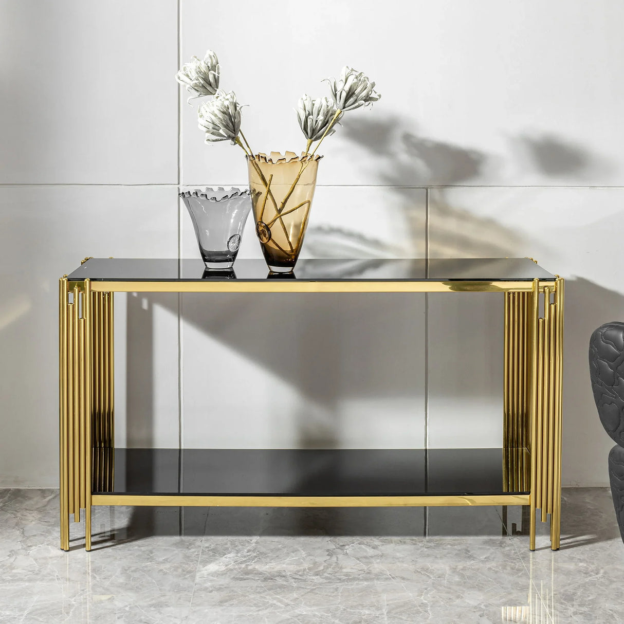 Modern Glass Top Mirror Stainless Steel Console Table For Living Room, Tempered Glass - Black / Gold - Furniture Home Direct