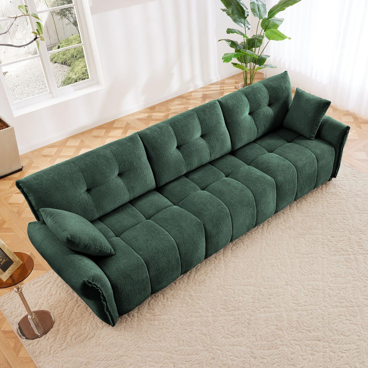 Elegant 3 Seater Sofa Set & Pillows Frame, High Rebound Cushions - Textured Green - Furniture Home Direct