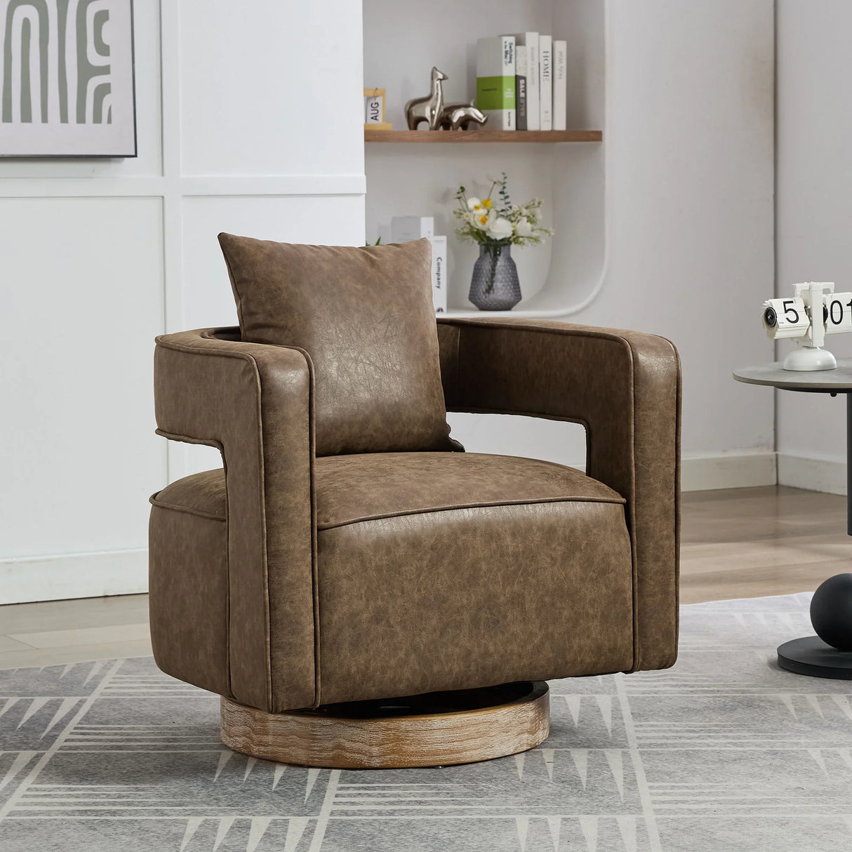 Swivel Accent Open Back Barrel Chair With Weathered Base - Furniture Home Direct