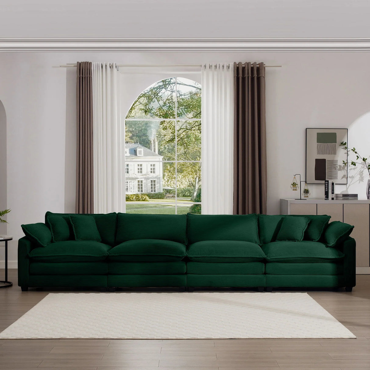 Modern Upholstered 4 Seater Corduroy Fabric Sofa With Arm And Throw Pillows - Furniture Home Direct