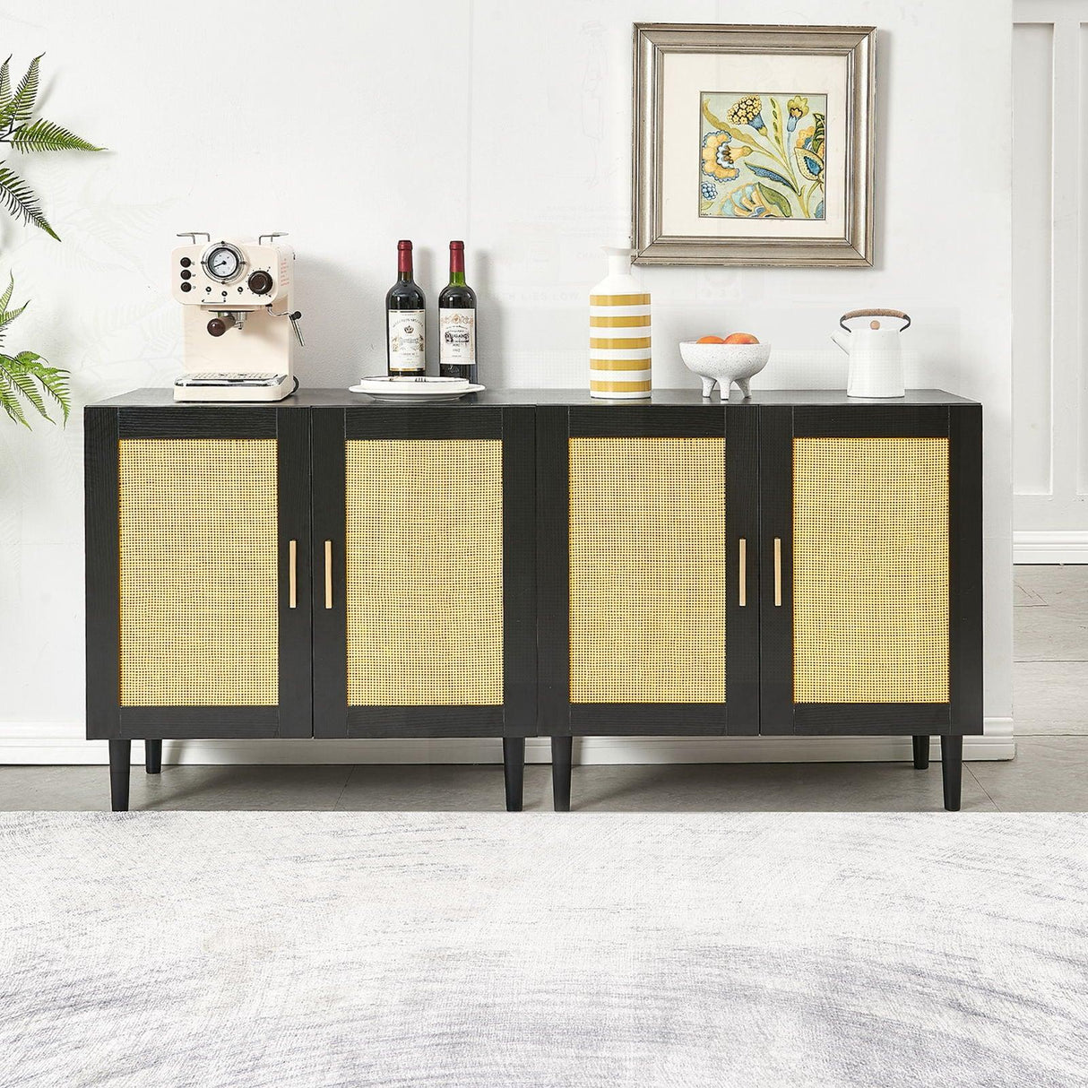 Side Panel Buffet Cabinet With Natural Rattan Door, Rattan Storage Cabinet With Adjustable Shelves, Side Panel And Buffet With Storage Space, Modern Console Cabinet In Bedroom And Living Room - Black / Beige - Furniture Home Direct