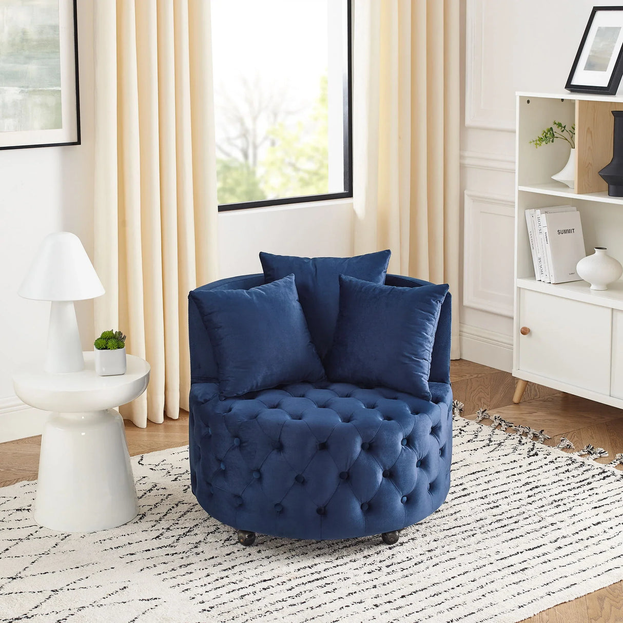 Modern Upholstered Swivel Chair With Button Tufted Design And Movable Wheels - Furniture Home Direct