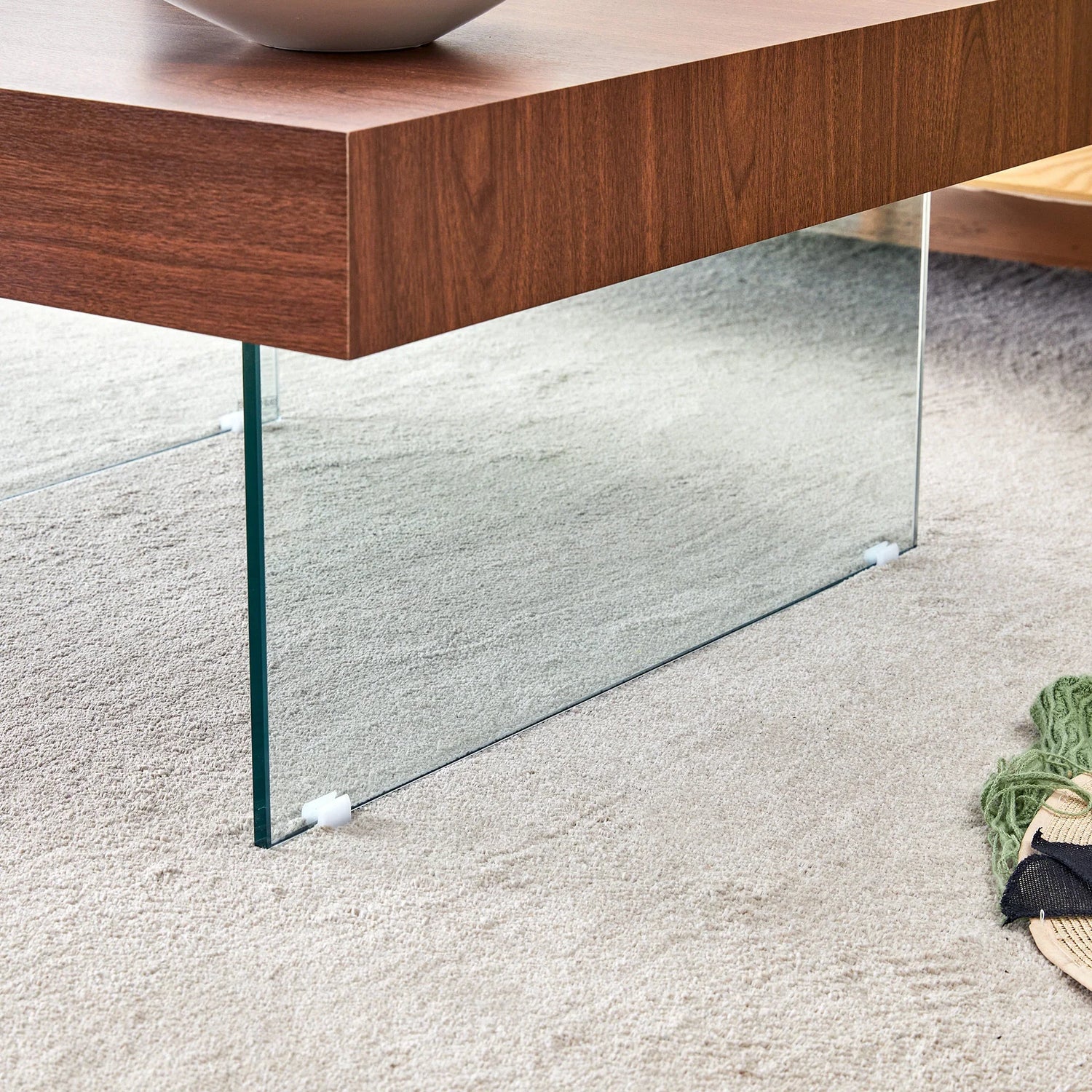 Faux Walnut Square Coffee Table with Tempered Glass Legs - Furniture Home Direct