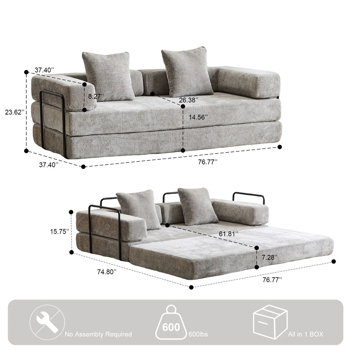 Convertible Floor Sofa Bed With Pillow Back Support Armrest - Furniture Home Direct