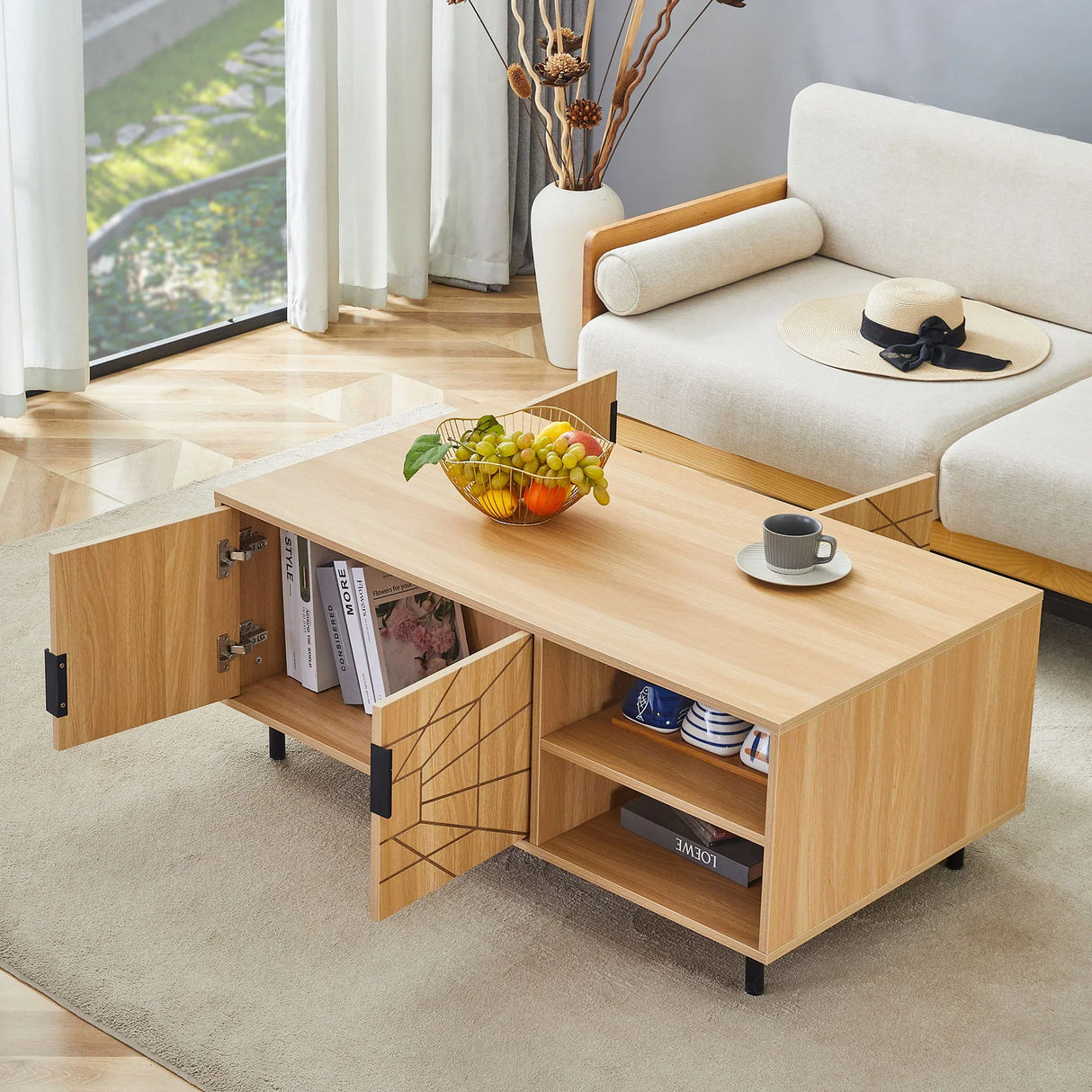 Spider- Web Textured Modern Coffee Table Geometric Art And Practical Design - Natural Wood - Furniture Home Direct